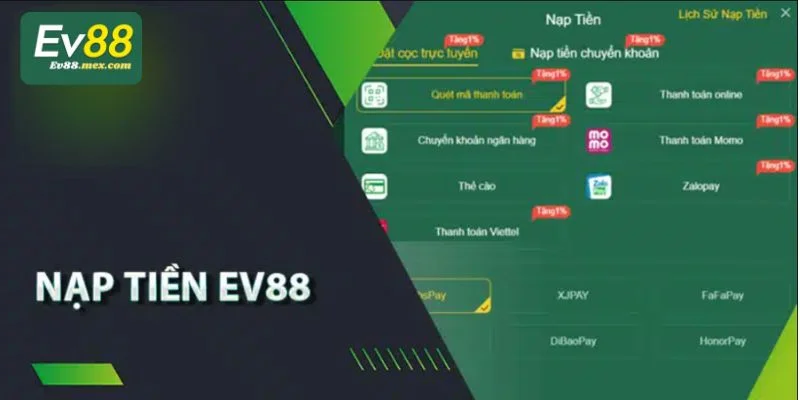 EV88 – Sòng Bài Trực Tuyến, Game Casino Đỉnh Cao Tại Ev88.com Người chơi nạp tiền tại nhà cái dễ dàng, nhanh gọn chỉ vài phút.